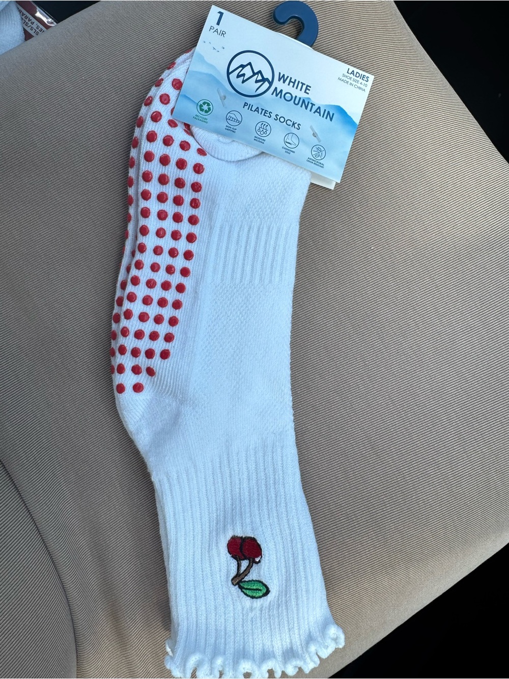 White Mountain White Pilates Grip Socks with Red Accents and Cherry Detail